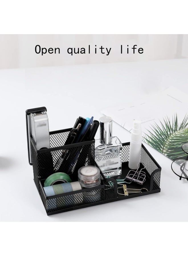 FAYET Black Mesh Desk Organizer Pencil Holder with Sticky Notes Slot, Metal Office Supplies Caddy for Pens, Pencils, Scissors and Paper Clips for Home, School and Office - Image 3